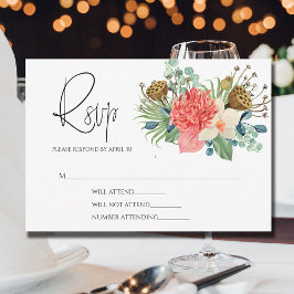 ピンクボホワイルドフラワーウォーターカラーブーケ結婚ーズ 出欠カード