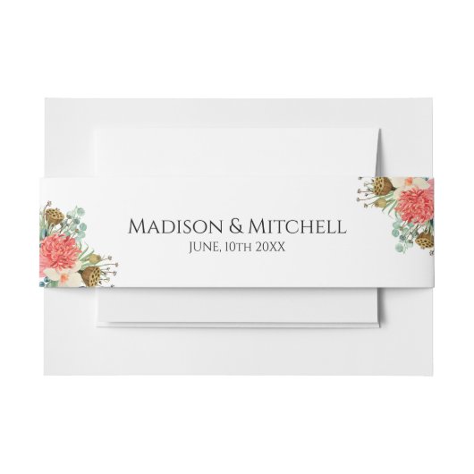 ピンクボホワイルドフラワーウォーターカラーブーケ結婚ーズ 招待状ベリーバンド (正面例)