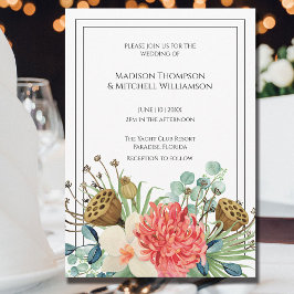 ピンクボホワイルドフラワーウォーターカラーブーケ結婚ーズ 招待状