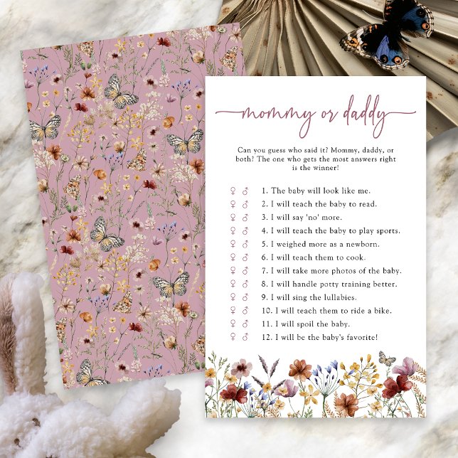 ピンクボホワイルドフラワーベビーシャワーゲーム (Dusty Pink Boho Wildflower Baby Shower Game with Butterfly by Painted Paperie
)