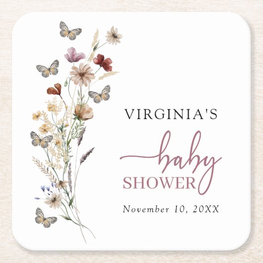 ピンクボホワイルドフラワーベビーシャワーコースター スクエアペーパーコースター (正面)