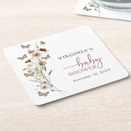 ピンクボホワイルドフラワーベビーシャワーコースター スクエアペーパーコースター