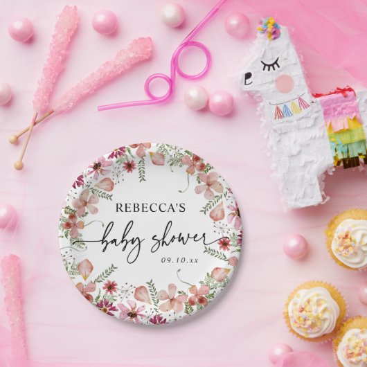 ピンクボホワイルドフラワーベビーシャワー紙プレート ペーパープレート (パーティー)