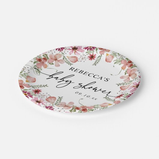 ピンクボホワイルドフラワーベビーシャワー紙プレート ペーパープレート (アングル)