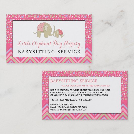 ピンクボホーエレファント、ベビーシッター、デイケア、子供部屋 名刺 (正面/裏面)