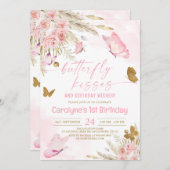 ピンクボホーバタフライキスと誕生日の願い 招待状 (正面/裏面)
