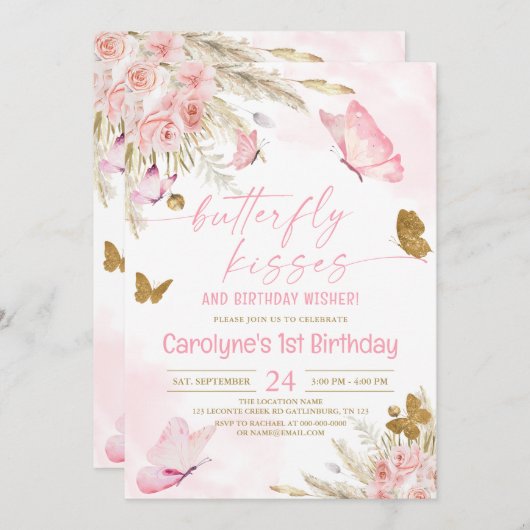 ピンクボホーバタフライキスと誕生日の願い 招待状 (正面/裏面)
