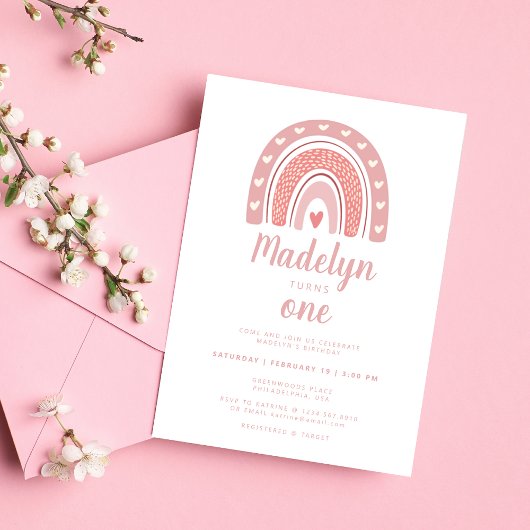 ピンクボホーレインボーパターンファースト誕生日 招待状