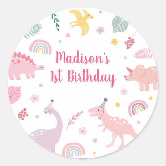 ピンクボホー恐竜誕生日 ラウンドシール (正面)