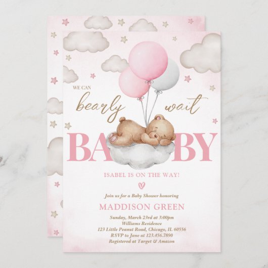 ピンクボホ眠るクマ女の子ベビーシャワー 招待状 (正面/裏面)