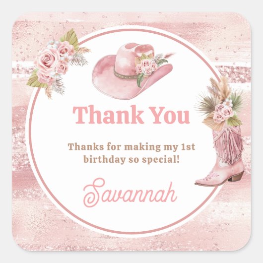 ピンクボホFirst Rodeo誕生日 スクエアシール (正面)