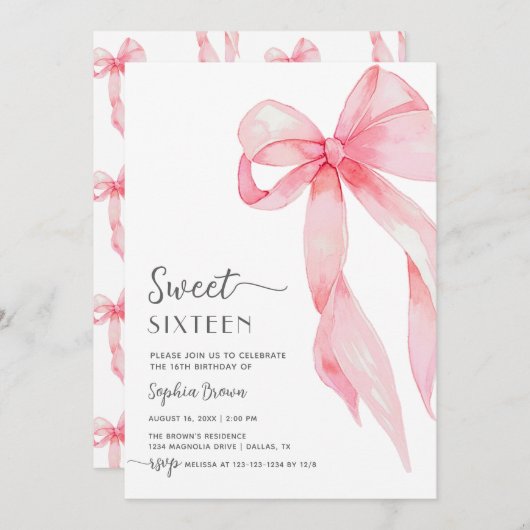 ピンクボーエレガントコケットSweet sixteen誕生日 招待状 (正面/裏面)