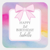 ピンクボーエレガントレインボーウォーターカラーファースト誕生日 スクエアシール (正面)