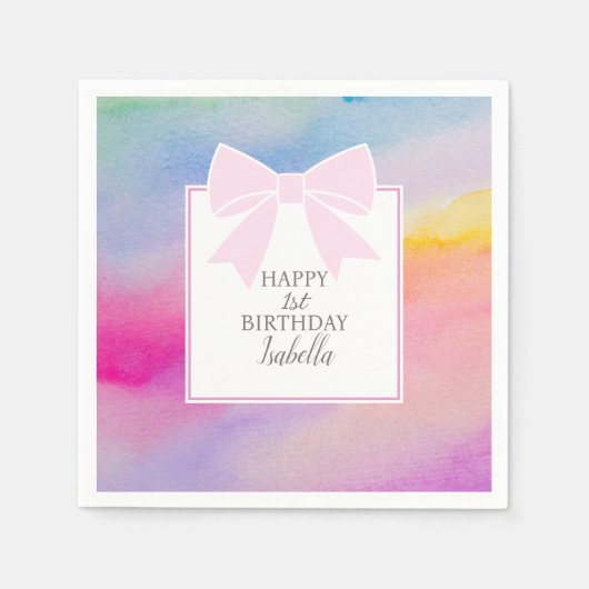 ピンクボーエレガントレインボーウォーターカラーファースト誕生日 スタンダードカクテルナプキン (正面)