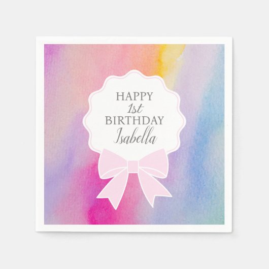 ピンクボーエレガントレインボーウォーターカラーファースト誕生日 スタンダードカクテルナプキン (正面)