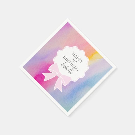 ピンクボーエレガントレインボーウォーターカラーファースト誕生日 スタンダードカクテルナプキン (角)