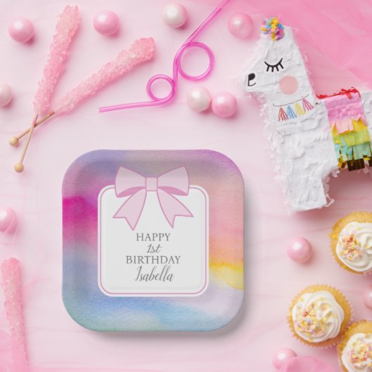 ピンクボーエレガントレインボーウォーターカラーファースト誕生日 ペーパープレート (パーティー)