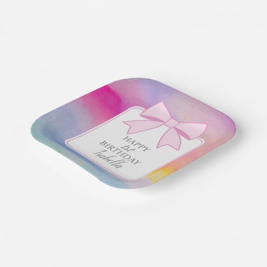 ピンクボーエレガントレインボーウォーターカラーファースト誕生日 ペーパープレート (傾斜あり)