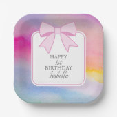 ピンクボーエレガントレインボーウォーターカラーファースト誕生日 ペーパープレート (正面)