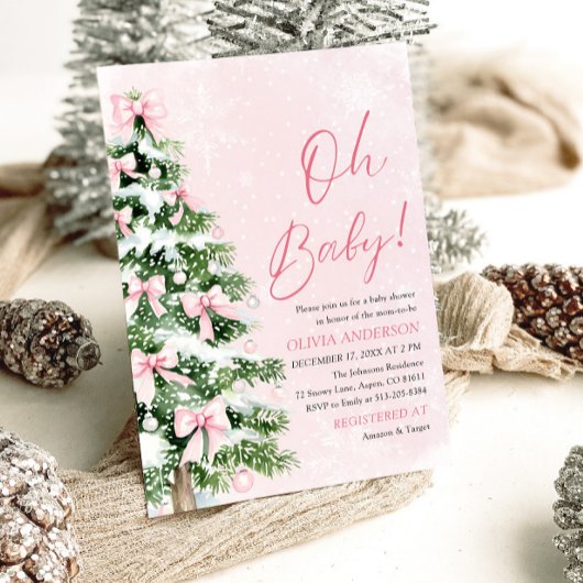 ピンクボーガールクリスマスツリーああベビー赤ちゃんシャワー 招待状
