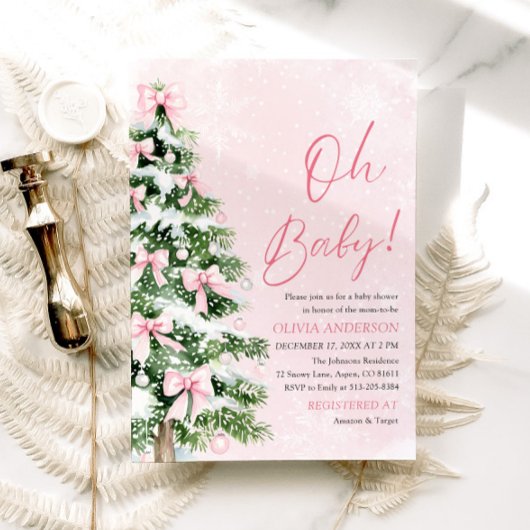 ピンクボーガールクリスマスツリーああベビー赤ちゃんシャワー 招待状