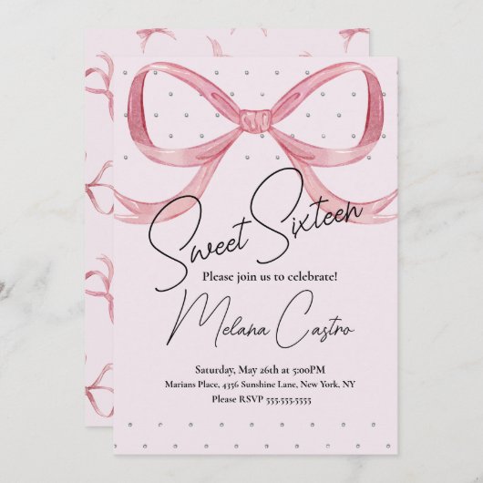 ピンクボーガールズコケットスウィート16誕生日 招待状 (正面/裏面)