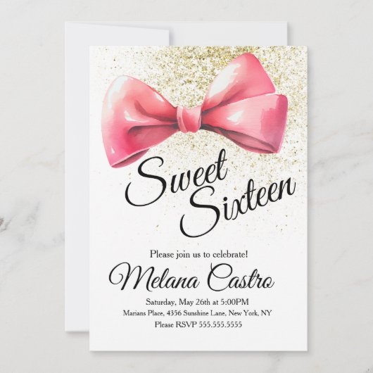 ピンクボーガールズコケットスウィート16誕生日 招待状 (正面)