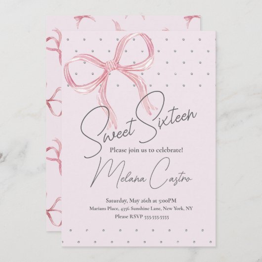 ピンクボーガールズコケットスウィート16誕生日 招待状 (正面/裏面)
