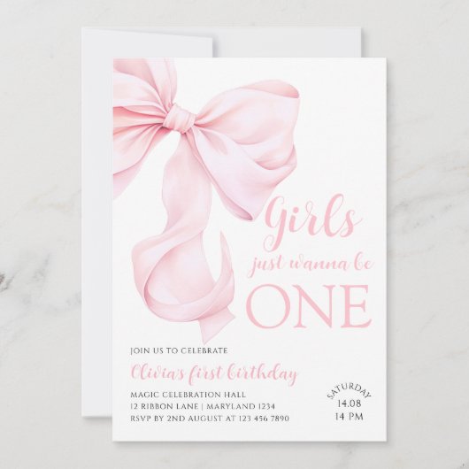 ピンクボーガールズジャストワンファースト誕生日 招待状 (正面)