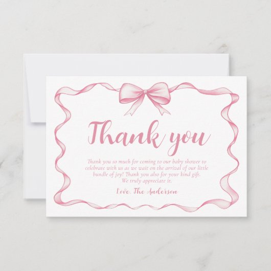 ピンクボーガールリボンベビーシャワーサンキューカード 招待状 (正面)