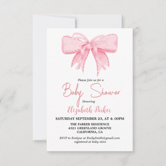 ピンクボーガールリボン赤ちゃんシャワー散水 招待状 (正面)
