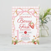 ピンクボーギンガムベリーファーストストロベリー誕生日 招待状 (スタンド正面)