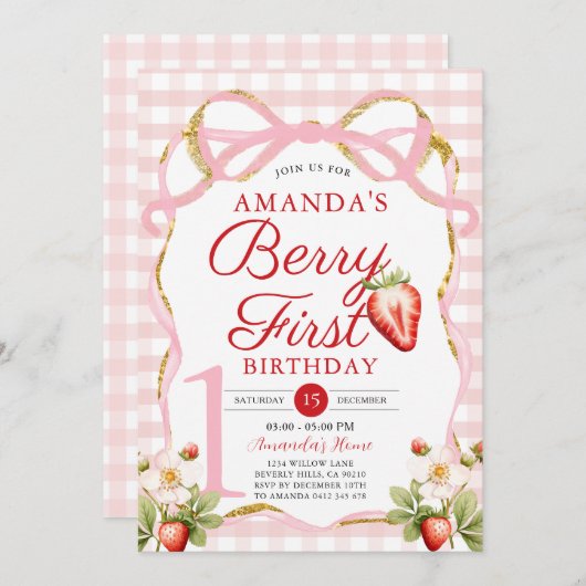ピンクボーギンガムベリーファーストストロベリー誕生日 招待状 (正面/裏面)