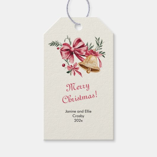 ピンクボーズ金ゴールドベルズクリスマス ギフトタグ (正面)