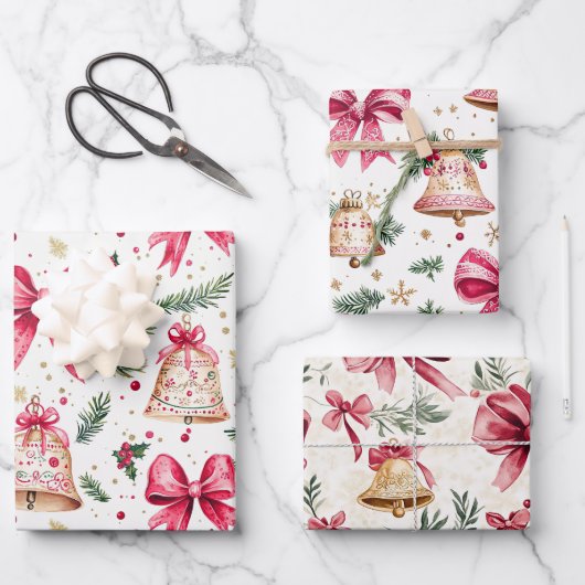 ピンクボーズ金ゴールドベルズクリスマス ラッピングペーパーシート (正面)