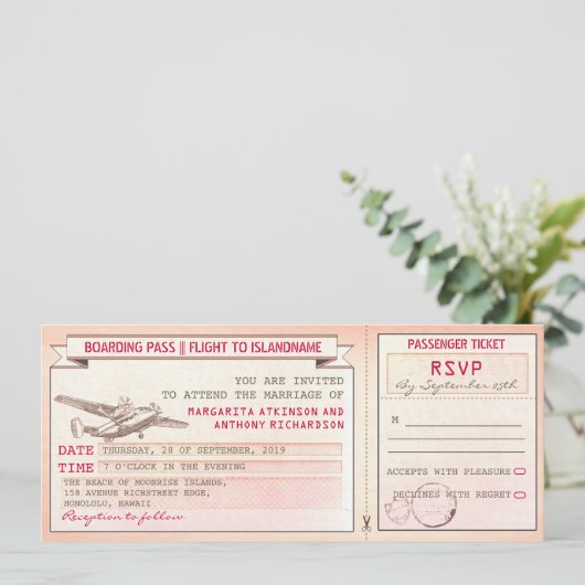 ピンクボーディングパスチケットビンテージ結婚式招待状 招待状 (スタンド正面)