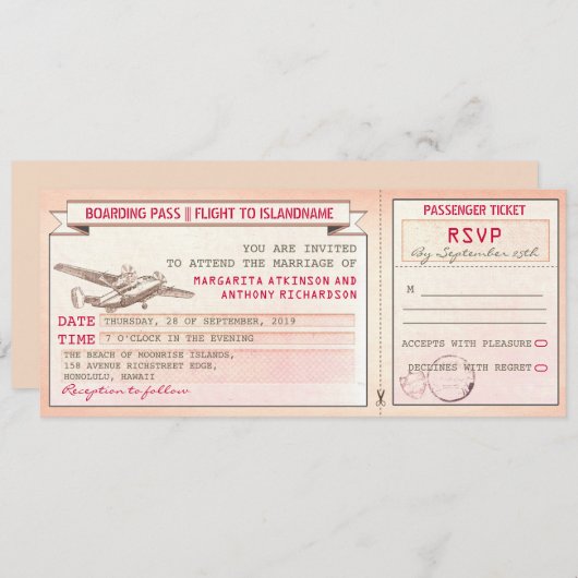 ピンクボーディングパスチケットビンテージ結婚式招待状 招待状 (正面/裏面)