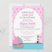 ピンクボート&ライトハウスベビーガールシャワー招待状 招待状 (正面)