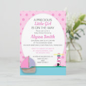 ピンクボート&ライトハウスベビーガールシャワー招待状 招待状 (スタンド正面)