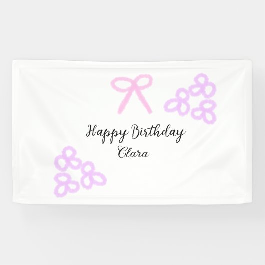 ピンクボーパープルフローラパステルハッピーバースデー 横断幕 (横)