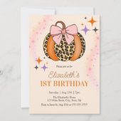 ピンクボーヒョウかぼちゃガールハロウィーン誕生日 招待状 (正面)