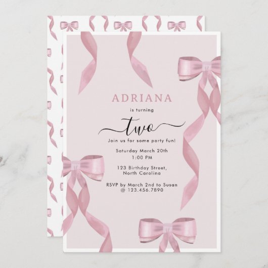 ピンクボーファンシーテーマガーリー誕生日招待状 招待状 (正面/裏面)