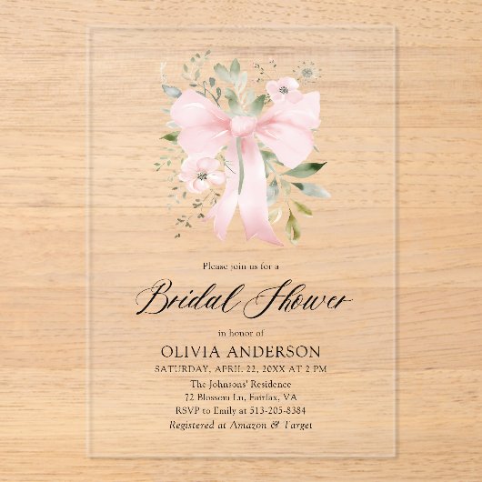 ピンクボーモダンコケットフローラブライダルシャワー アクリル招待状 (正面)