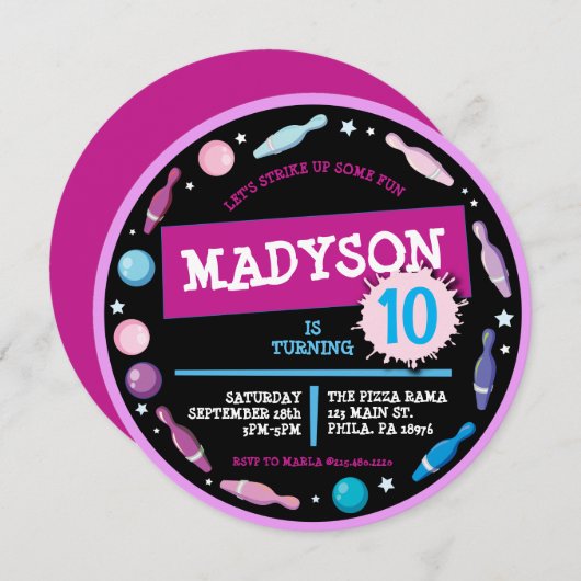 ピンクボーリングボールネオンバースデーパーティーの招待 招待状 (正面/裏面)