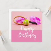ピンクボールのラケット付誕生日 カード (正面/裏面インサイチュ)