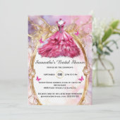 ピンクボールガウンフローラ蝶の花嫁になるブライダル 招待状 (スタンド正面)