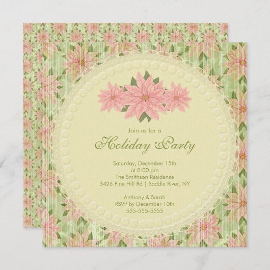 ピンクポイスタイリッシュンセティアホリデーパーティ招待状 招待状 (正面/裏面)