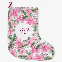 ピンクポインセチアクリスマスイニシャルモノグラム ラージクリスマスストッキング