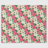 ピンクポインセチアティール(緑がかった色)クリスマス ラッピングペーパー (フラット)
