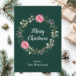 ピンクポインセチアリースメリークリスマス シーズンカード